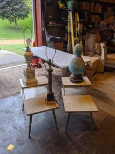 lot 58 image: Pair of Mid-Century Modern End Tables and Three Lamps