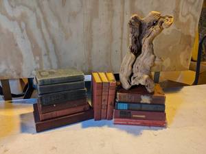 lot 60 image: Lot of Old Books with Driftwood Display Piece