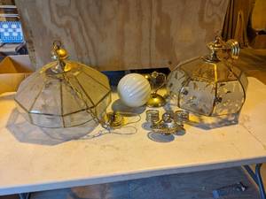 lot 63 image: Vintage Silver Toned Brass Bathroom Fixture and Three Hanging Lights