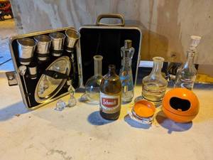 lot 80 image: Vintage Liquor Service Case, Various Decanters, Nut Bowl Server, and More