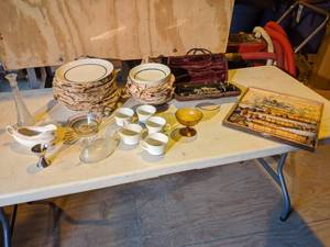 lot 36 image: Set of Dining Room Dishes, Vintage Clarinet, and Wood Letter Stamps