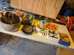 lot 38 image: Vintage Kitchen Equipment, Wahl Clipper, Cast Iron Pans, Extension Cord, and more