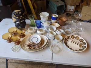 lot 41 image: Vintage Dishes, Carved African Wood Mask, and Glassware