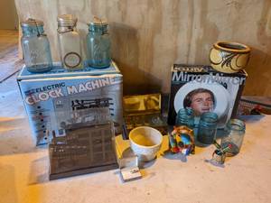 lot 83 image: Electric Clock Machine, Ball Jars, Mirror, Red Wing Planter, and More