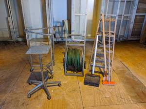 lot 104 image: Hose Reel, Step Ladder, Wheeled Carts, and More