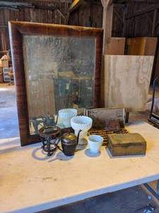 lot 120 image: Mirror, Silver Plated Coffee Urn & Stand, Planters, Stamps, and More