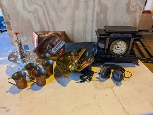 lot 122 image: Mantle Clock, Salad Bowl, Copper Cups, Nut Bowl, Vintage Koss Pro 4A Headphones, and More
