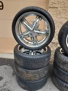 lot 5 image: 4-Milanni 20 Wheels With Universal 5 Bolt Pattern With A Set Of 25535R20XL Tires With Very Good Tread & 5 Caps
