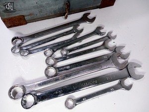 lot 436 image: Wooden Toolbox and Assorted Wrench sizes