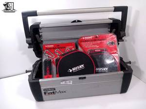 lot 486 image: Stanley Toolbox and  Husky Saw Blade and Bit Organizer,  Husky Heavy Duty Hangalls, and Prograde Rachets and Drill Bits in Box
