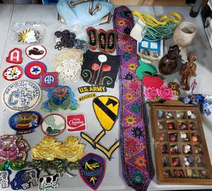 Collectibles Patches, Miniature Shadow Box, Holland Shoes, Wood Carvings