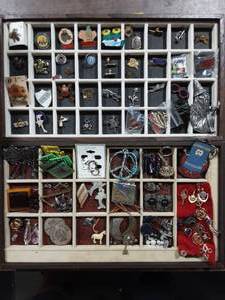 Lot Of Assorted Pins, Earrings, Charms, Fobs, Frogs, Wooden Nickels, Misc