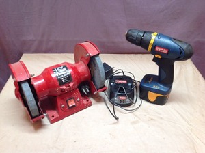 lot 220 image: Bench Grinder & Ryobi Cordless Drill