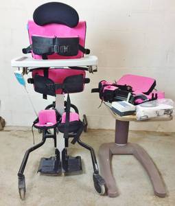 lot 2 image: MSRP $8000 Horizon Leckey Electric Powered Patient 3 in 1 Stander Moves To A Lay Flat Position Adult Size 3 Extra Headrest & Accessories - Like New Condition With Remote & Battery