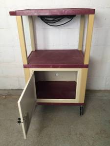 lot 37 image: MSRP $300 Tuffy Metal & Plastic Utility Media Cart With Power Cord & Locking Storage Cabinet With Key  Excellent Condition