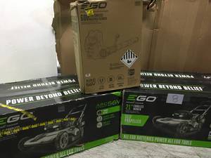lot 8 image: PALLET WITH EGO LAWN MOWERS & BACKPACK BLOWER BATTERY AND CHARGER INCLUDED CUSTOMER RETURNS SEE PICS