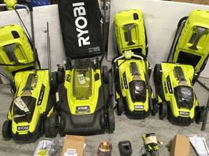 lot 21 image: PALLET WITH RYOBI ELECTRIC LAWN MOWERS CUSTOMER RETURNS SEE PICS