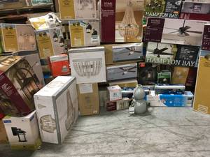 lot 29 image: PALLET WITH HAMPTON BAY CEILING FAN LIGHTS CEILING LIGHTS HALLWAY & LIVING ROOM PLUS PATIO LIGHTS AS WELL CUSTOMER RETURNS SEE PICS