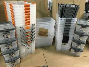 lot 36 image: PALLET WITH PLASTIC STORAGE BINS HAS SOME COVERS BUT NOT FOR ALL CUSTOMER RETURNS SEE PICS