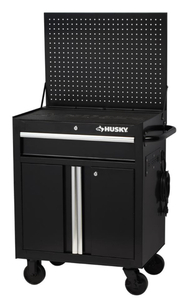 lot 14 image: HUSKY 27 in. W 1-Drawer 2-Door Tool Chest Rolling Cabinet in Gloss Black with Flip-up Pegboard