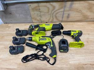 lot 57 image: RYOBI Lot of 3 Tools.  An 18v Drill, an 18v  Sawzall and a corded Hammer Drill.  Comes with Three 18v Batteries and One 18v Charger