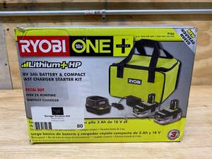 lot 80 image: RYOBI 18-Volt ONE LITHIUM HP 3.0 Ah Battery (2-Pack) Starter Kit with Charger and Bag