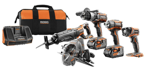 lot 88 image: RIGID 18-Volt Lithium-Ion Cordless 5-Tool Combo Kit with (2) 4.0 Ah Batteries, 18-Volt Charger, and Contractors Bag
