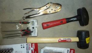 Rubber Mallets, 2.5 lb Sledge Hammer, Ratcheting Screwdriver Set, Clamps, Stapler, Small Needle Files