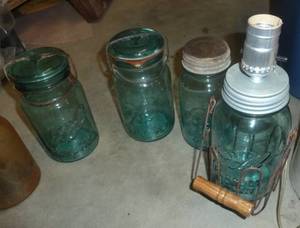 Vintage Blue Glass Ball Jars - one converted to light up jar