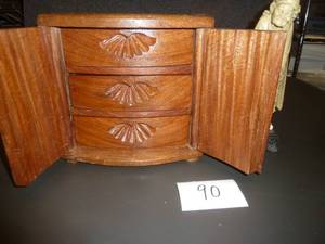 Vintage Asian Carved Wood Jewelry Box & Alabaster Figure of an Old Woman