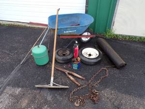 lot 137 image: Wheelbarrow, Cement tool, Log Chain, Trailer Tires, and more