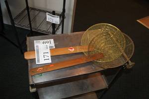 lot 171 image: Lot of (2) Double Happiness Brand Wood Handle Cooking Strainers 26in.