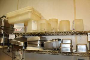 lot 131 image: Commercial NSF Stainless Steel and Plastic Serving Pans and Storage Bins