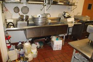 lot 127 image: Commercial NSF Stainless Steel Triple-Basin Sink with Fixtures
