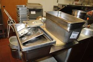 lot 130 image: Commercial NSF Stainless Steel Warming Table Serving Pans with Lids