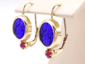 Ornate Carved Lapis and Ruby Estate Earrings in 14k Yellow Gold $1850