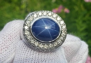 Mens Hefty Star Sapphire and Diamond Estate Ring in 14k White Gold $14,400 Appraisal Included