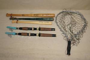 lot 34 image: Vintage Fishing Net, Rods, Baseball Bats