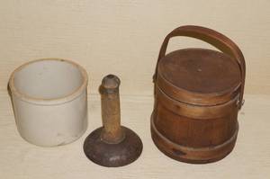 lot 138 image: Stoneware Crock and Wood Barrel Mortar and Pestle