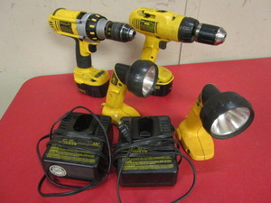 lot 221 image: DEWALT CORDLESS DRILLDRIVER, DEWALT ADJUSTABLE CLUTCH CORDLESS DRILLDRIVER, LIGHTS, CHARGERS