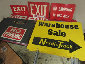 lot 240 image: ASSORTED SIGNS, EXIT, NO SMOKING IN THIS AREA, WAREHOUSE SALE, MORE