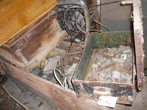 Lot of Scrap Metal, Wiring, Tubing, Wooden Boxes, Lawn Chair