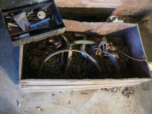Wooden Box With Chains & Plow Teeth