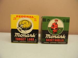 VINTAGE - Federal Monark SKEET SHELLS 12 Gauge Box W Used Shells & VINTAGE MONARK TARGET LOAD BOX EMPTY - Great Displays - SEE PICTURES