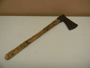 ANTIQUE METAL AXE WOOD HANDLE - AWESOME WALL HANGER - PLENTY OF PATINA - APPROX 22 - SEE PICTURES