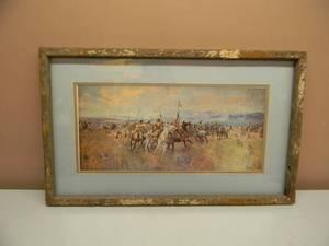 ANTIQUE  VINTAGE LEWIS & CLARK MEETING THE INDIANS AT ROSS HOLE BY CHARLES M. RUSSELL, OIL ON CANVAS 1912 - VERY COOL PIECE - APPROX 28 BY 17 - SEE PICTURES