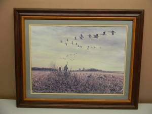 VINTAGE PROFESSIONALLY FRAMED HUNTING ART - COOL PIECE - APPROX 32 BY 25 - SEE PICTURES
