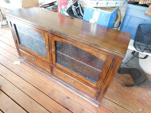 lot 55 image: Wood Stand with Glass DoorsShelving
