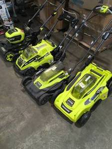 LOT WITH ASSORTED RYOBI ELECTRIC MOWERS BATTERYS & CHARGERS NOT INCLUDED CUSTOMER RETURNS SEE PICS