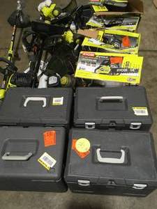 MIXED LOT WITH ASSORTED RYOBI CHAINSAWS & TRIMMERS CUSTOMER RETURNS SEE PICS